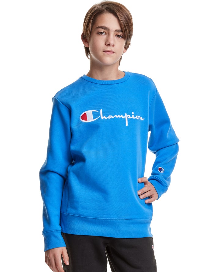 Champion Drenge Sweatshirt Blå - Reverse Weave Fleece Crew Embroidered Logo - Danmark ZBG-950648